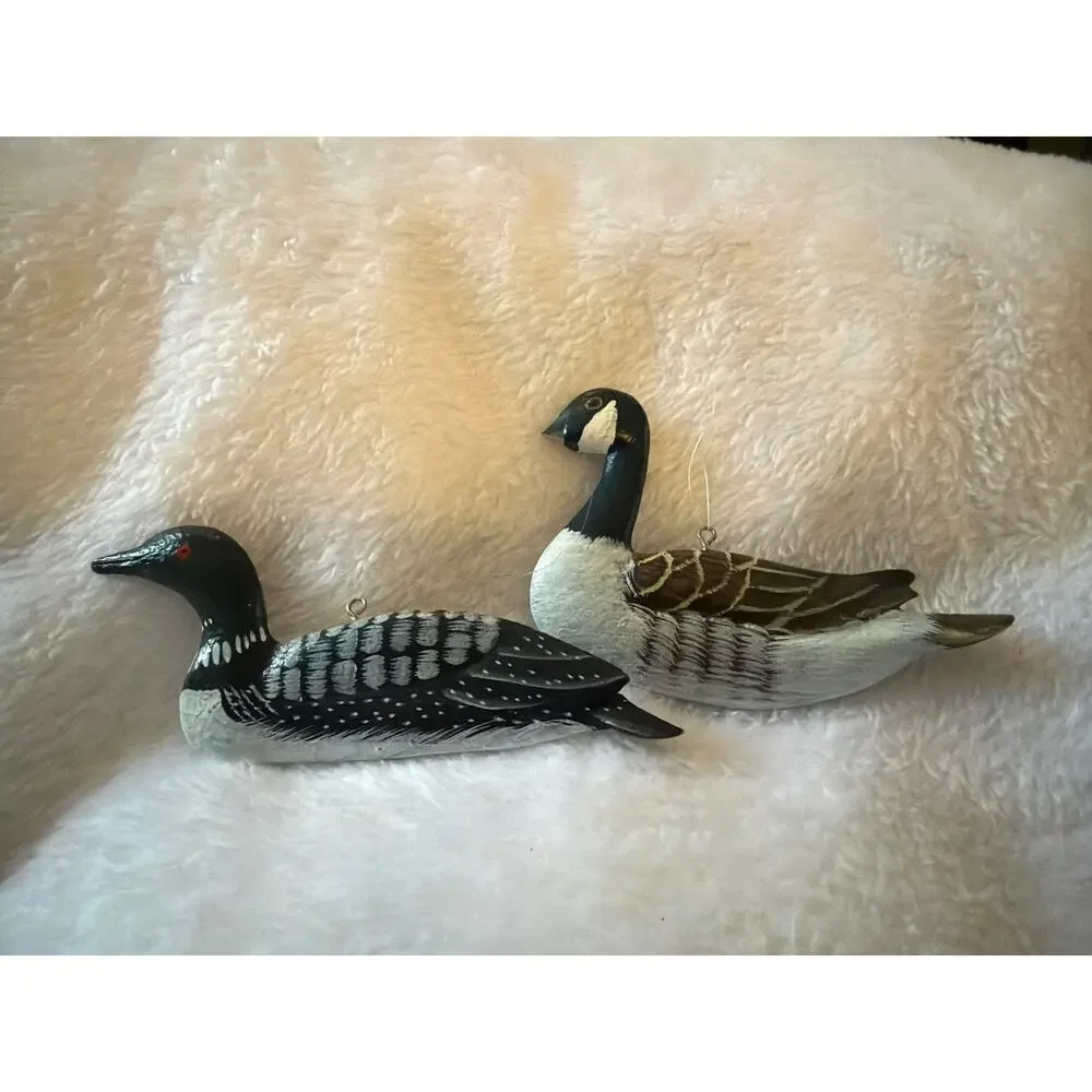 Hand Carved Wooden Loon & Canada Goose Bird Ornaments Painted Wildlife Set 2